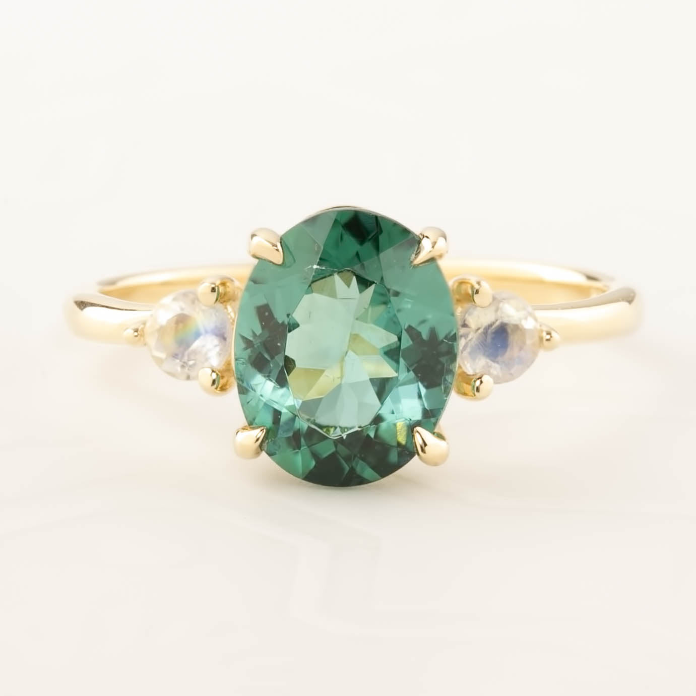 Emilie Ring with 2.09ct green tourmaline and moonstone set in recycled 14k yellow gold, one of a kind handmade piece