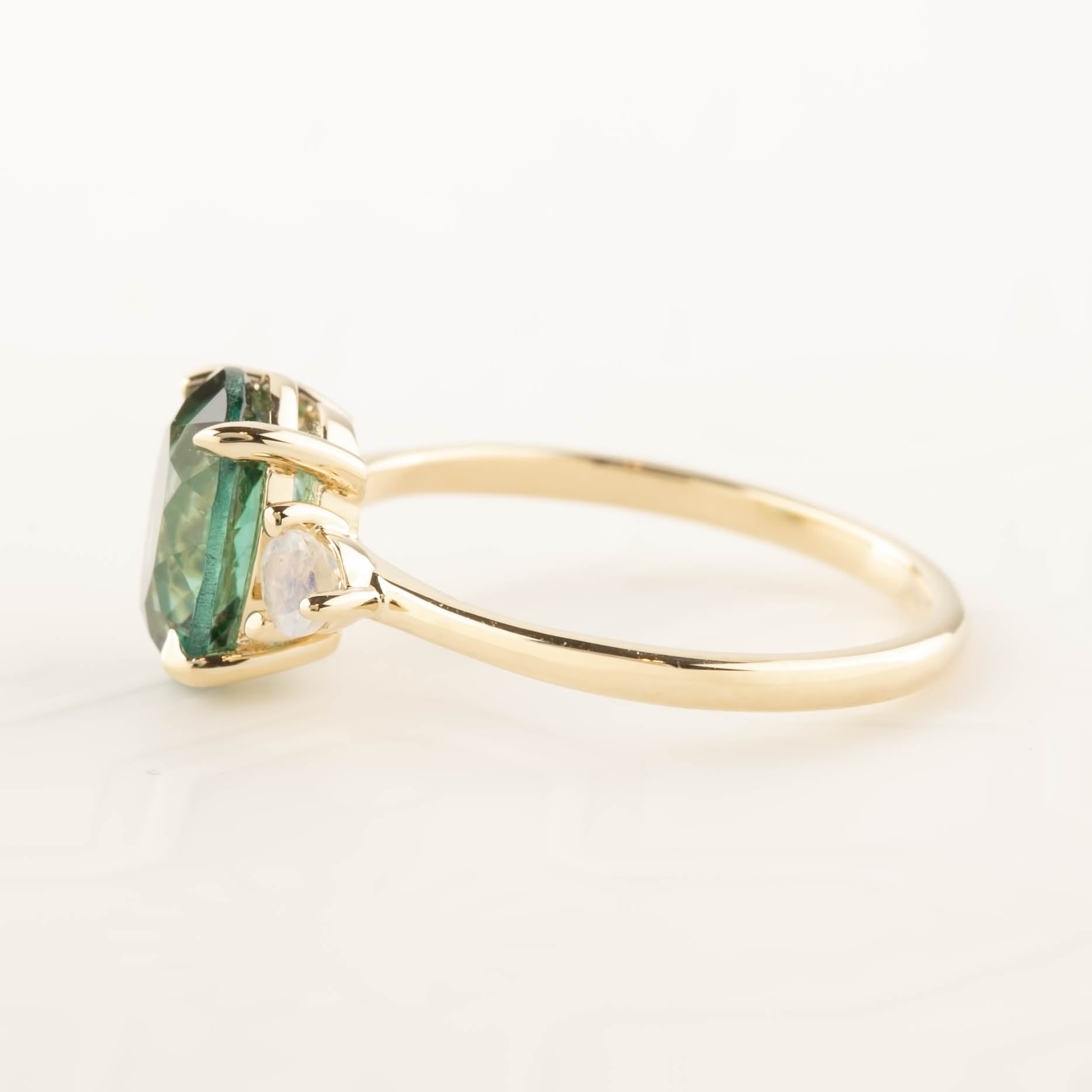 Emilie Ring with 2.09ct green tourmaline and moonstone, handmade in recycled 14k yellow gold, one of a kind design.