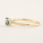 Maria Ring with 1.12ct green Montana sapphire set in recycled 14k gold, featuring white accent diamonds, one of a kind design