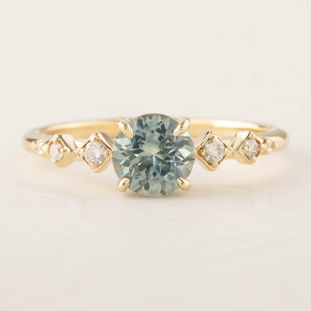 Celeste Ring with 1.1ct light green Montana sapphire and accent diamonds in recycled 14k gold, handmade and one of a kind.