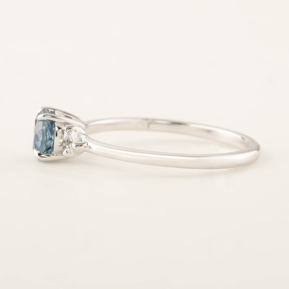 Emilie Ring - 0.84ct Blue Montana Sapphire with diamonds in a handmade recycled 14k white gold setting