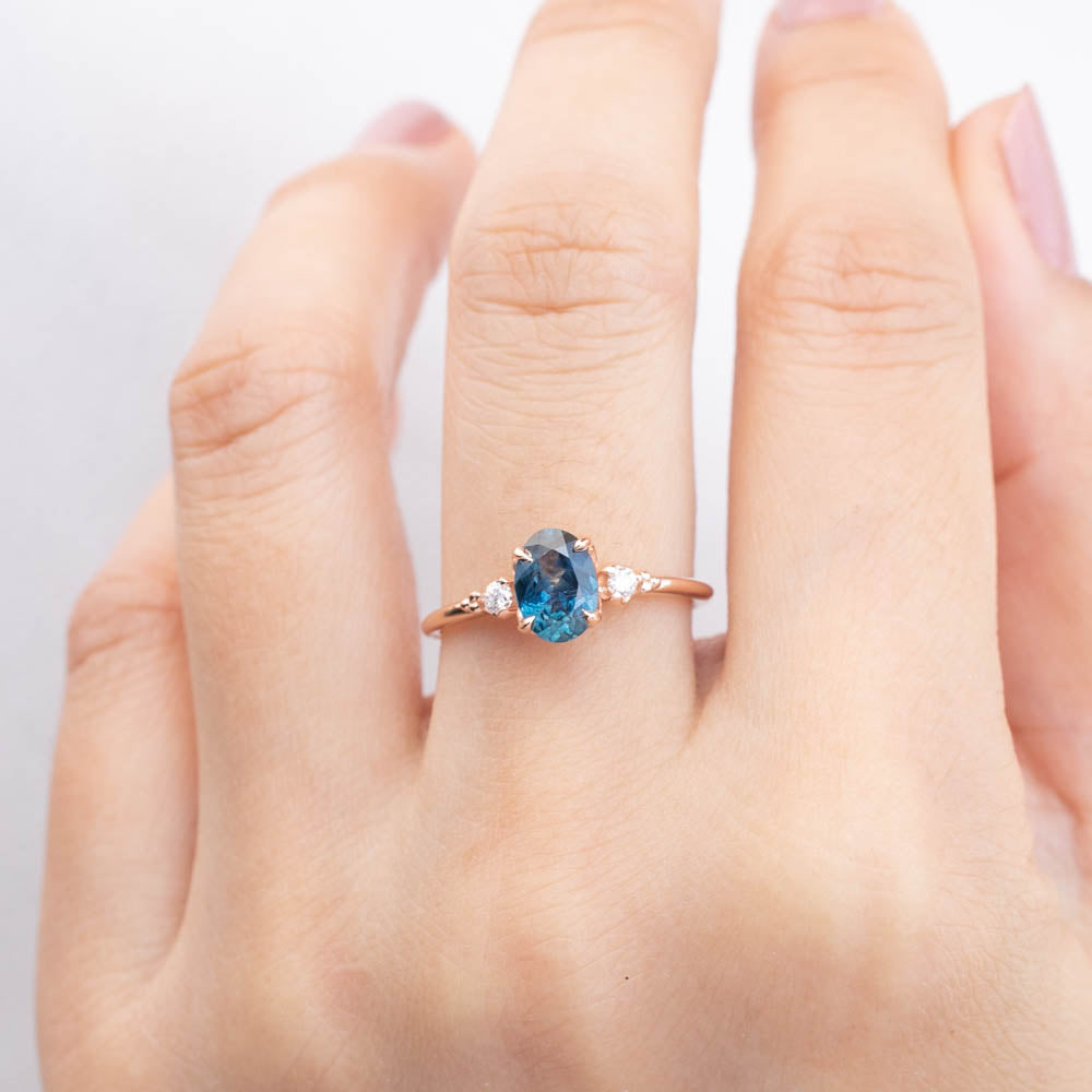 Estel Ring with 1.18ct teal blue Montana sapphire and diamonds in 14k rose gold, handmade one of a kind design.