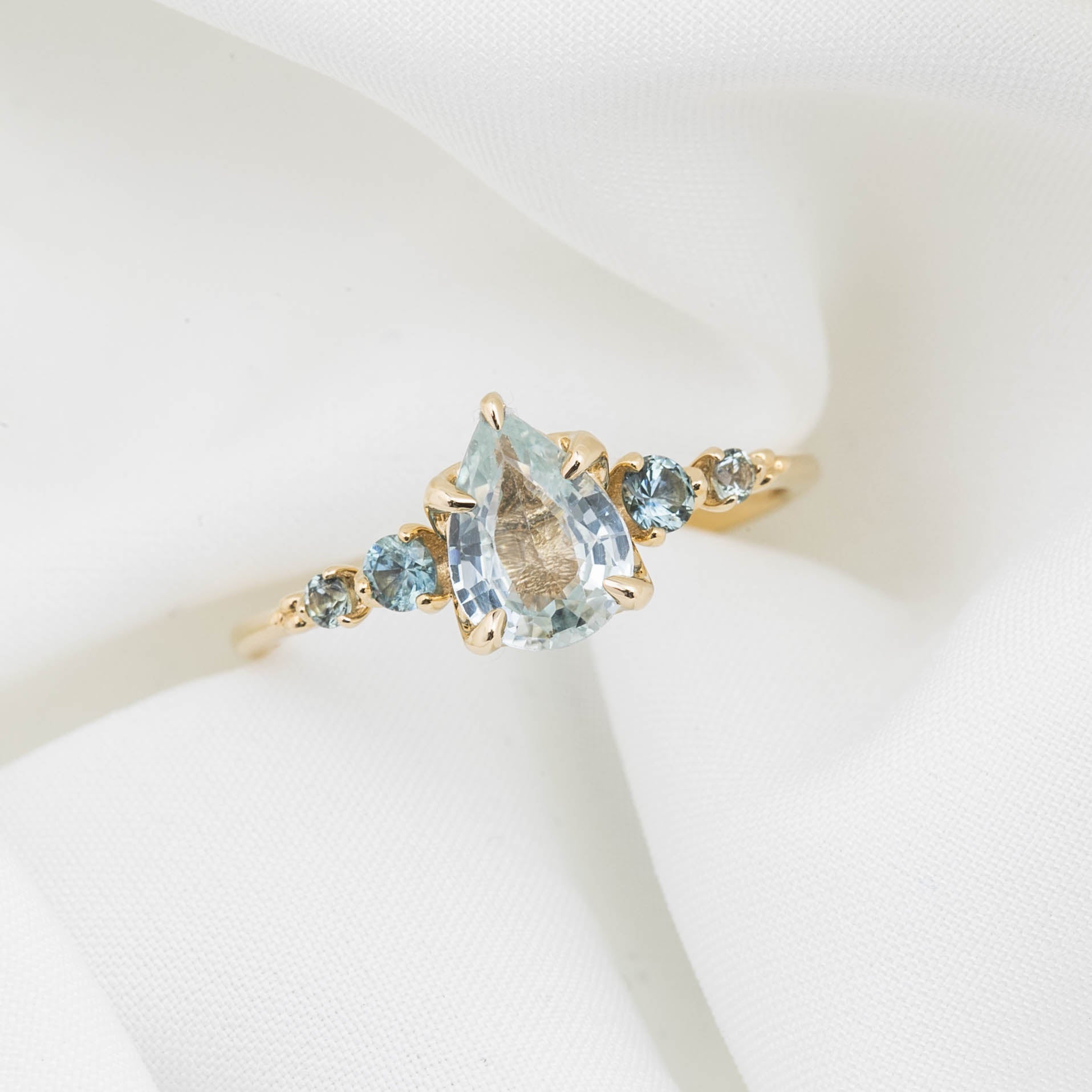 Estel Fleur Ring, 1.1ct Light Green Pear Madagascar Sapphire, 14K Yellow Gold (One of a kind)