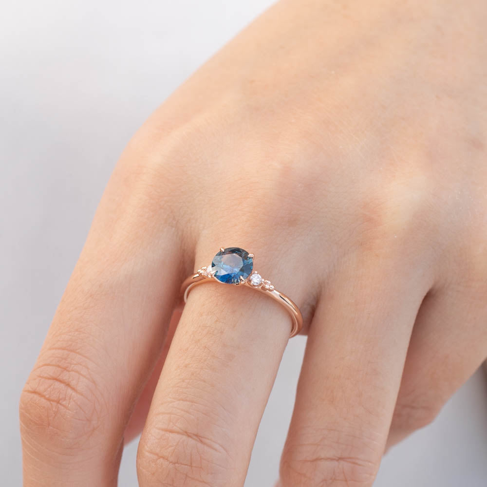 Estel Ring with 1.05ct teal blue Montana sapphire in 14k rose gold, handmade and one of a kind