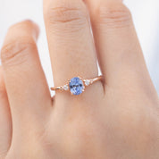 Estel Ring featuring 1.03ct Ceylon Blue Sapphire and diamonds in handmade 14k rose gold, one of a kind design.