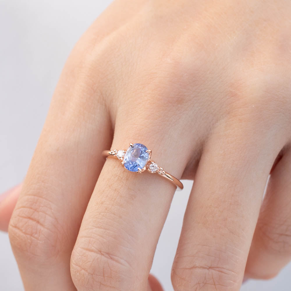 Estel Ring with 1.03ct Ceylon Blue Sapphire and diamonds set in 14k rose gold, handmade and one of a kind