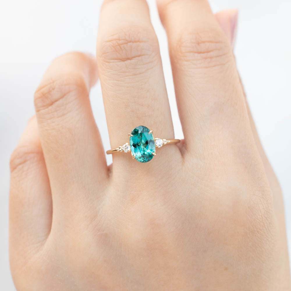 Estel Ring with 1.65ct teal blue green tourmaline and white accent diamonds in recycled 14k gold, handmade, one of a kind.