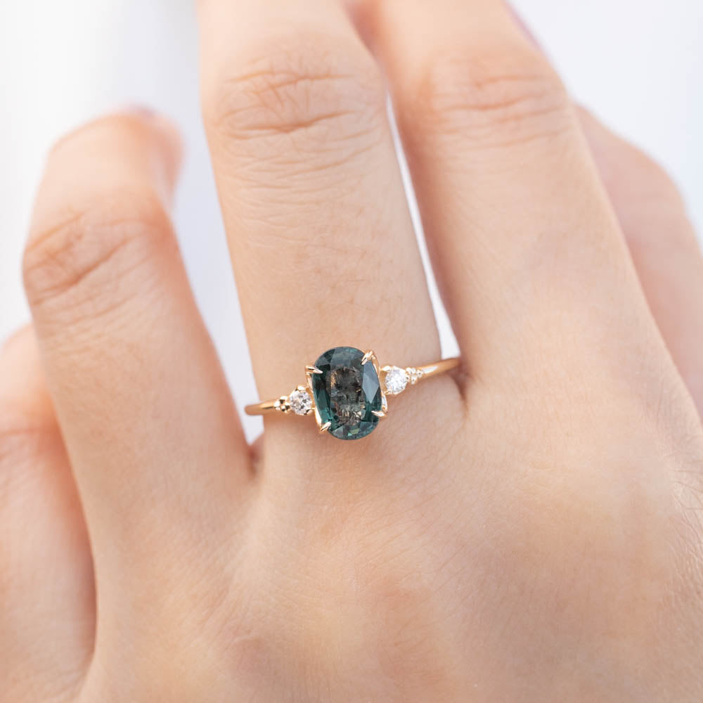 Estel Ring with 1.72ct peacock green sapphire, handmade, one of a kind, set in recycled 14k gold band.