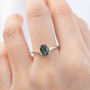 Estel Ring with 1.72ct peacock green sapphire, handmade, one of a kind, set in recycled 14k gold band.