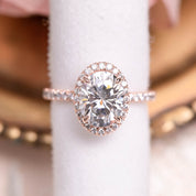 3ct certified Neo Moissanite halo ring with rose gold band and sparkling diamond accents in elegant floral design