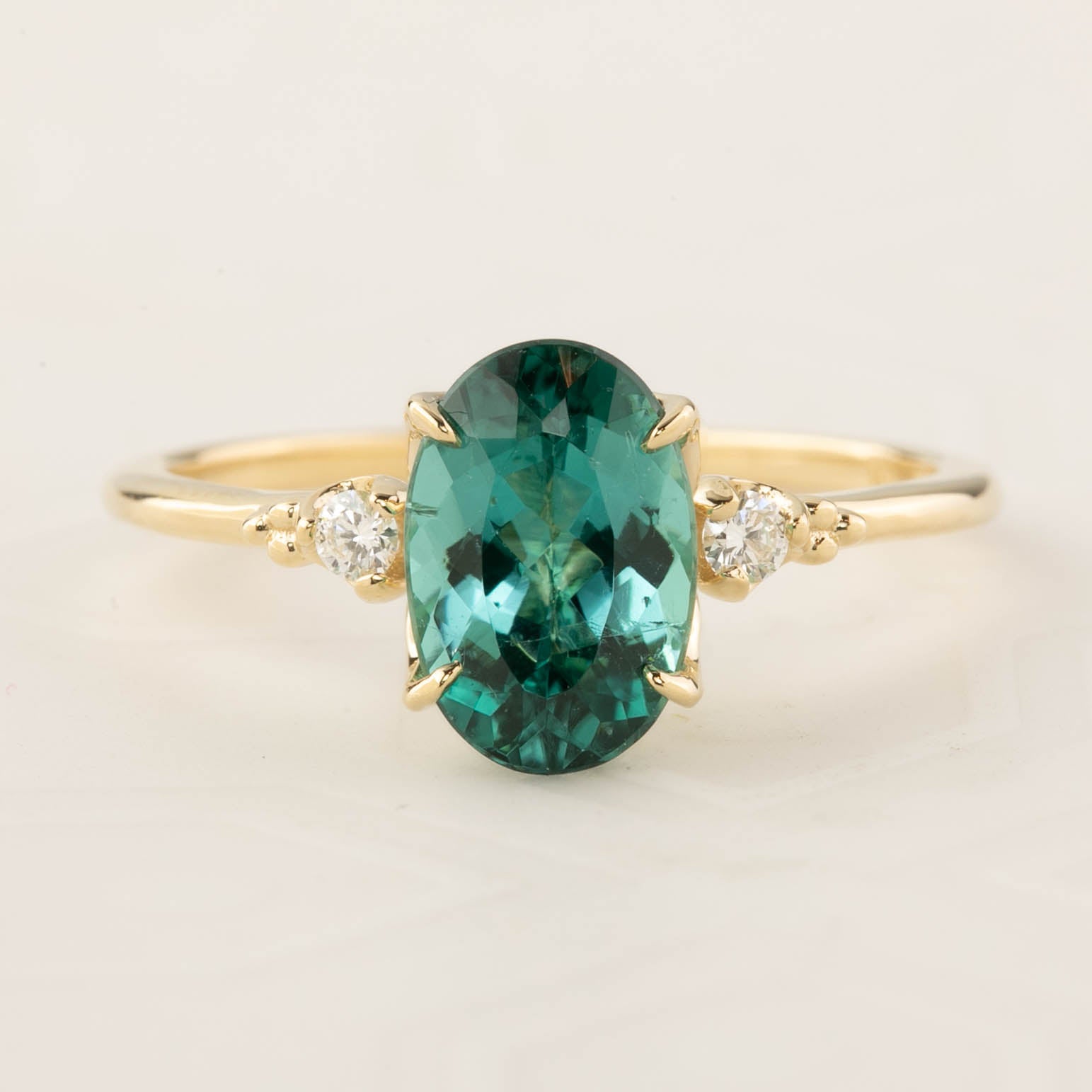 Estel Ring with 1.65ct teal blue green tourmaline, diamonds, and 14k recycled yellow gold, one of a kind handmade piece.