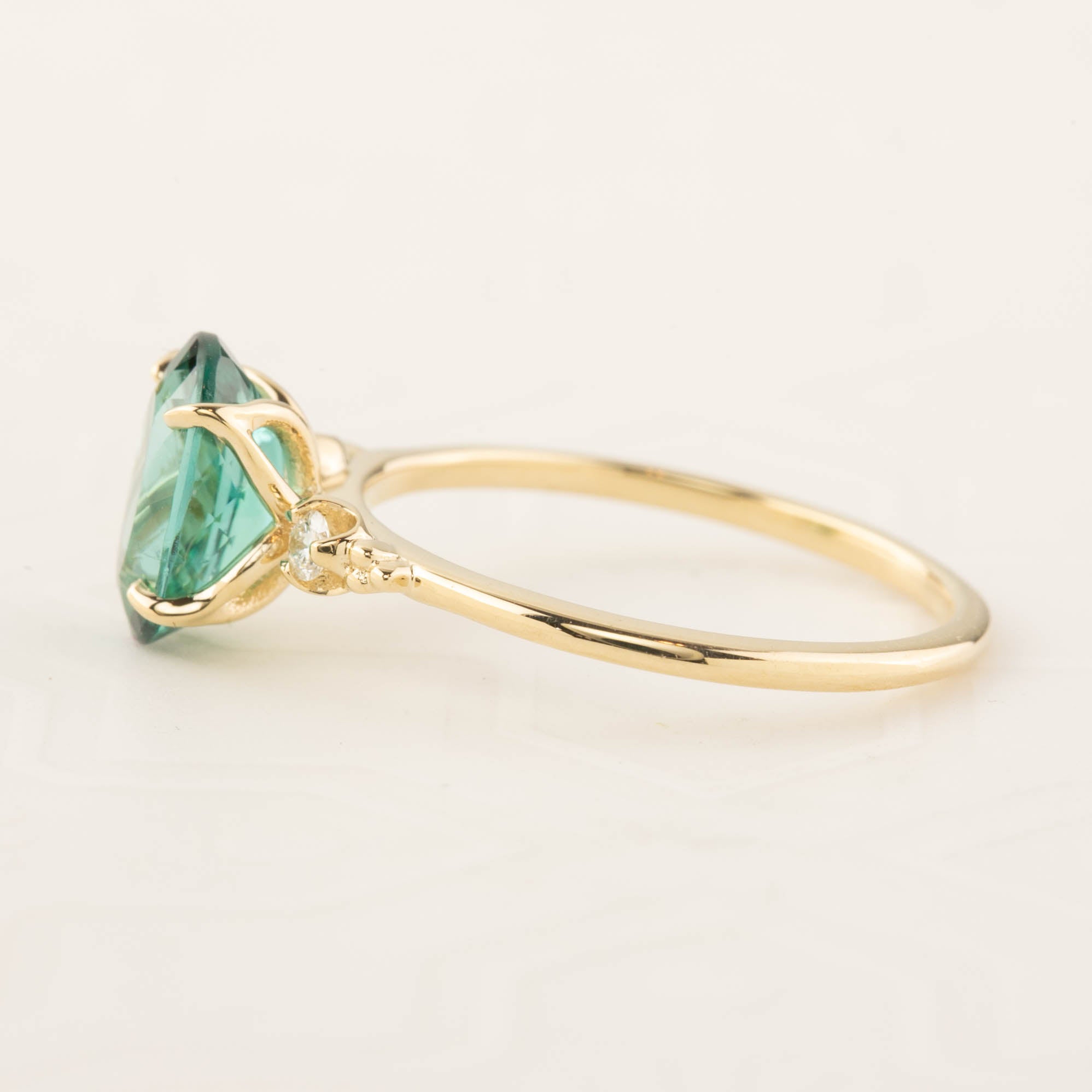Estel Ring with 1.65ct teal blue green tourmaline, handmade in recycled 14k gold with accent diamonds, one of a kind design