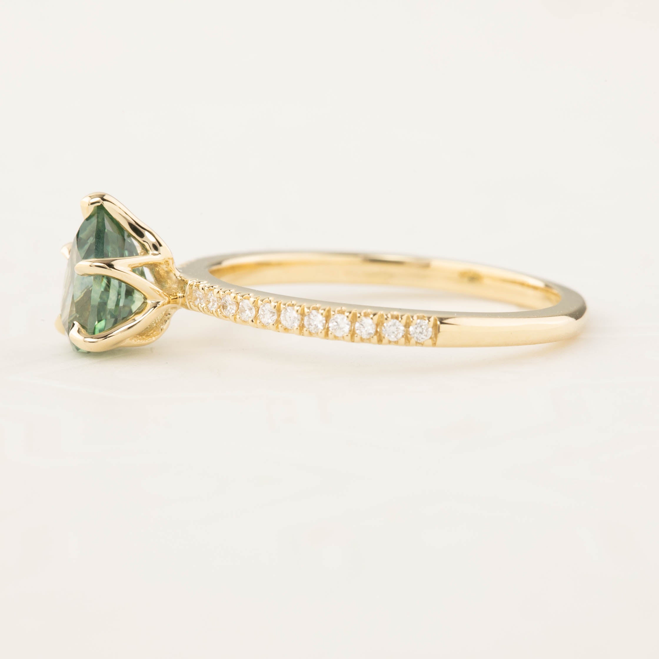 Maria Ring with 1.31ct pear cut light blue green Montana sapphire and diamond accents in 14k gold, handmade and one of a kind