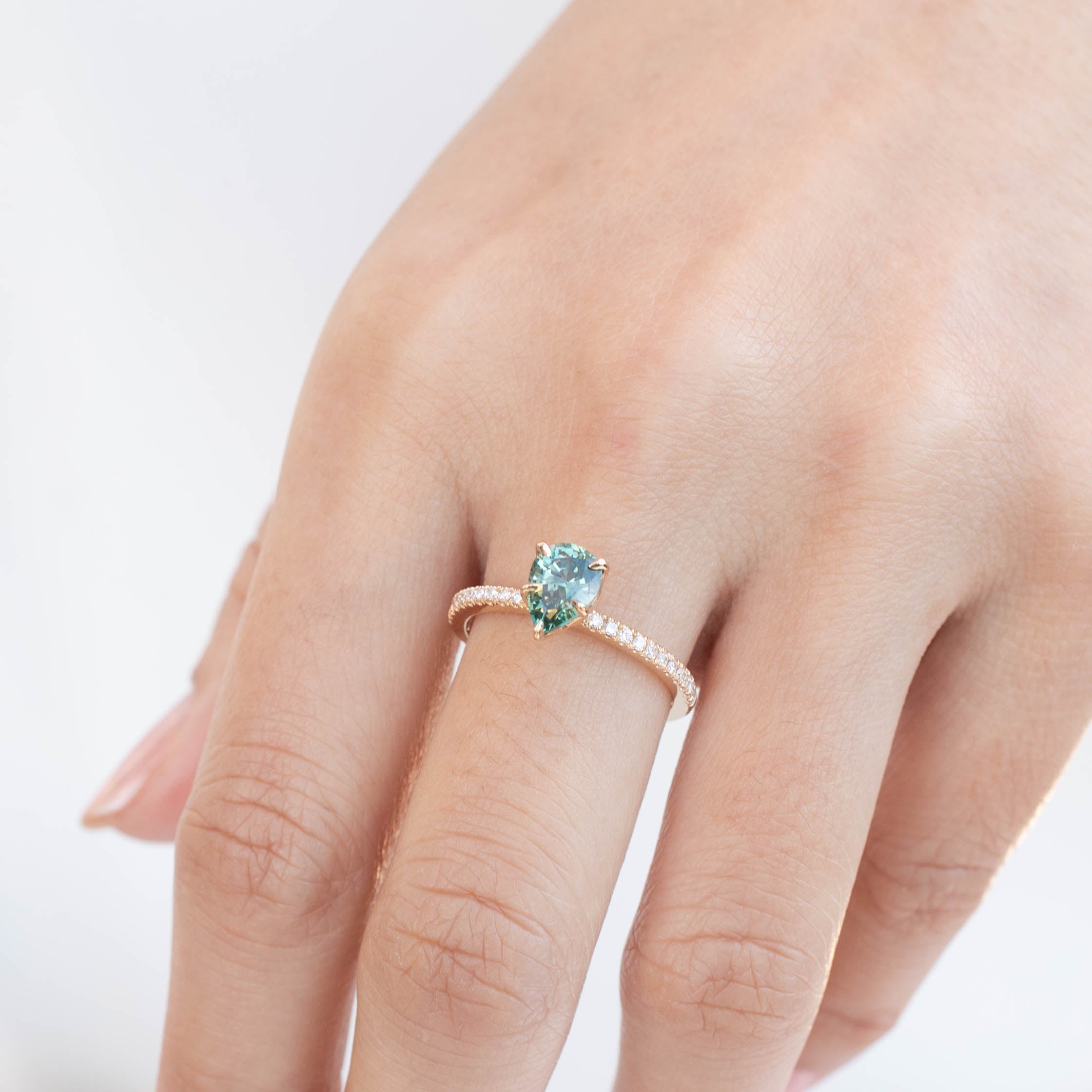 Maria Ring with 1.31ct pear cut light blue green Montana sapphire and diamond accents by Envero Jewelry, handmade and one of a kind.