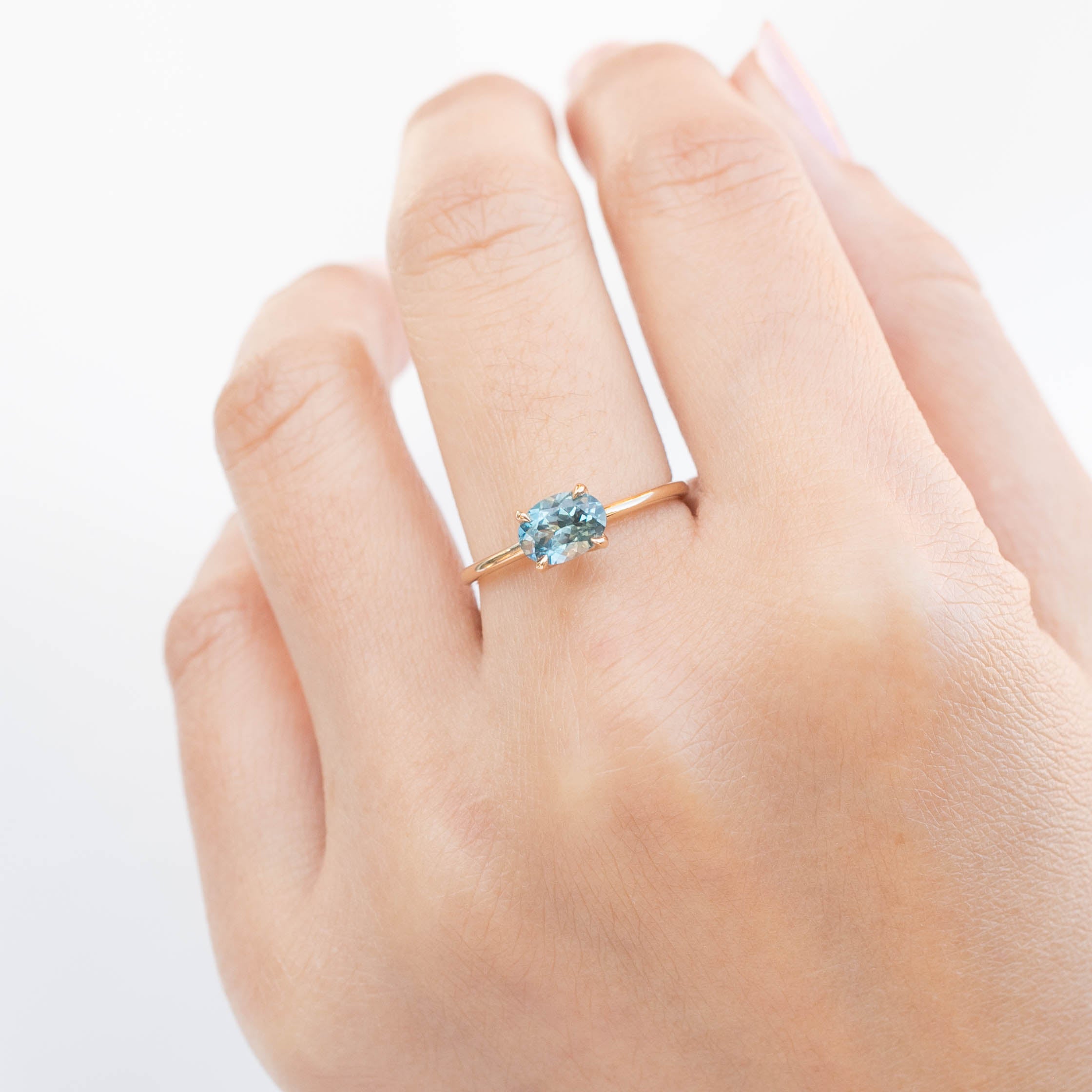 Sara Ring 1.05ct blue green Montana Sapphire handmade with recycled 14k gold and ethically sourced stones