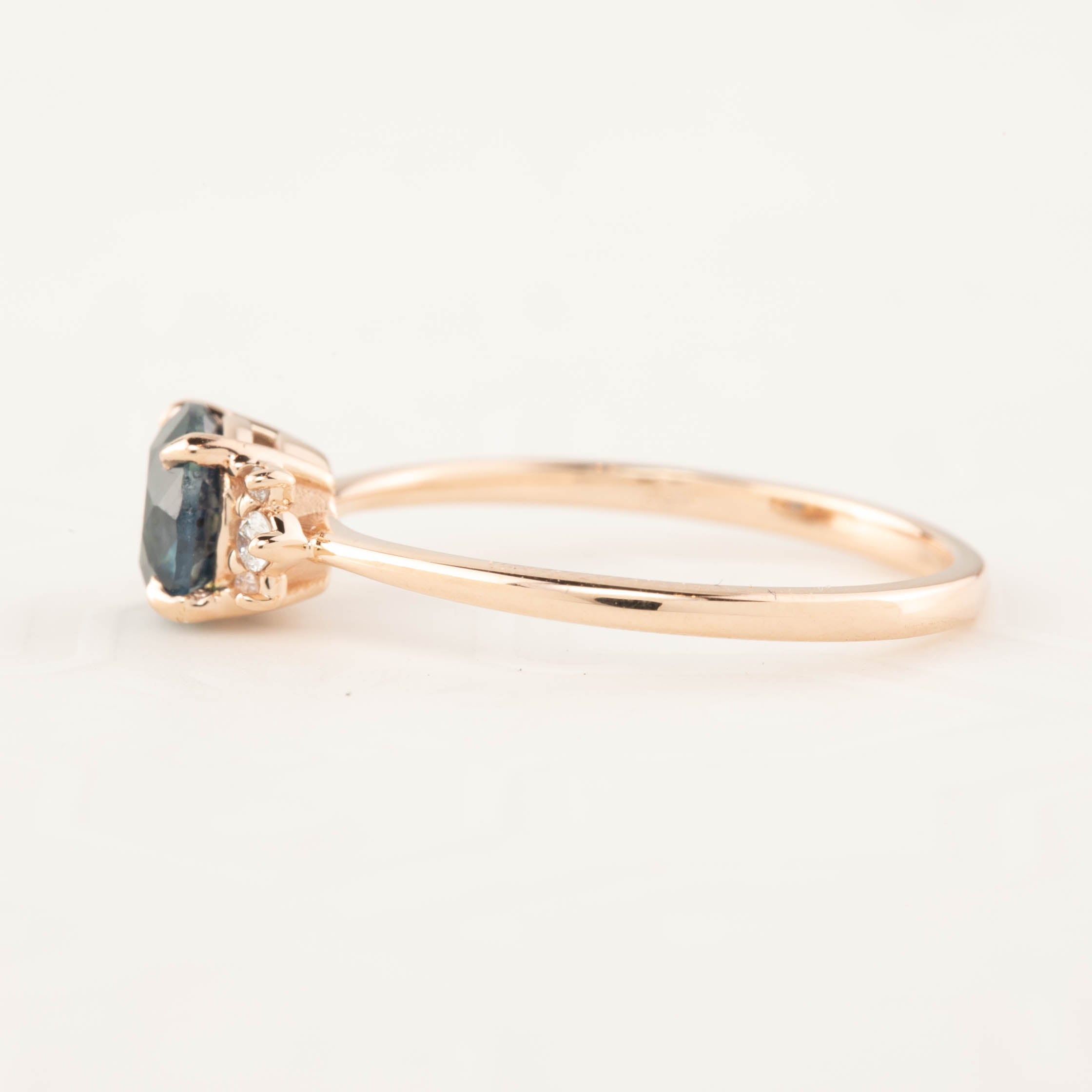 Lena Ring with 1.17ct teal Montana sapphire set in recycled 14k rose gold, one of a kind, handmade, ethically sourced.
