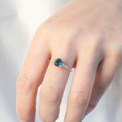 Estel Luxe Ring with 1.16ct blue green Montana sapphire and diamond accents, handmade and ethically sourced.