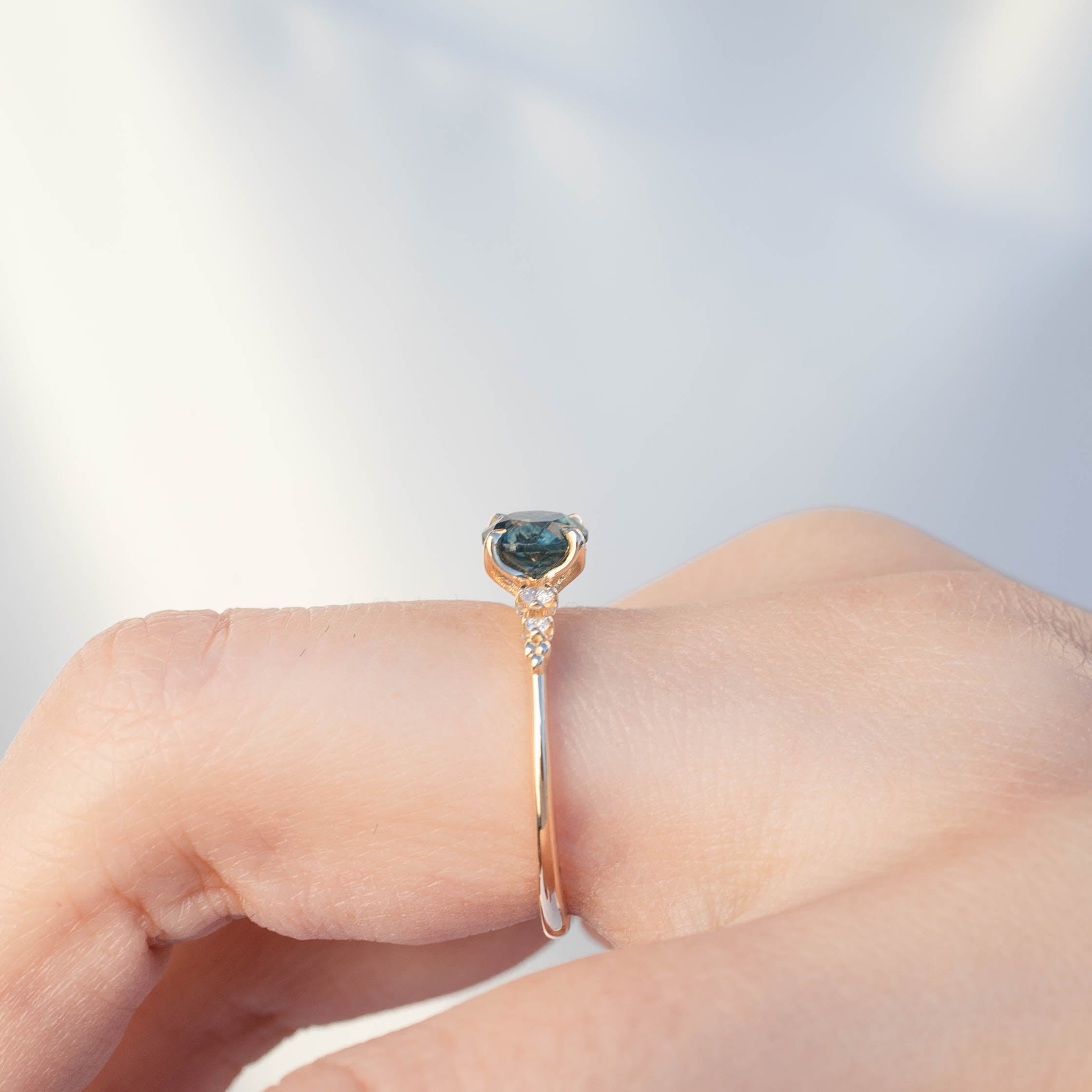 Estel Luxe Ring with 1.16ct blue-green Montana sapphire, handmade, one of a kind, in recycled 14k gold setting.