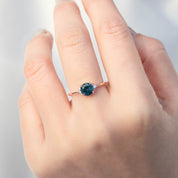 Lena Ring with 1.17ct teal Montana sapphire and white diamonds, 14k rose gold, handmade and ethically sourced.