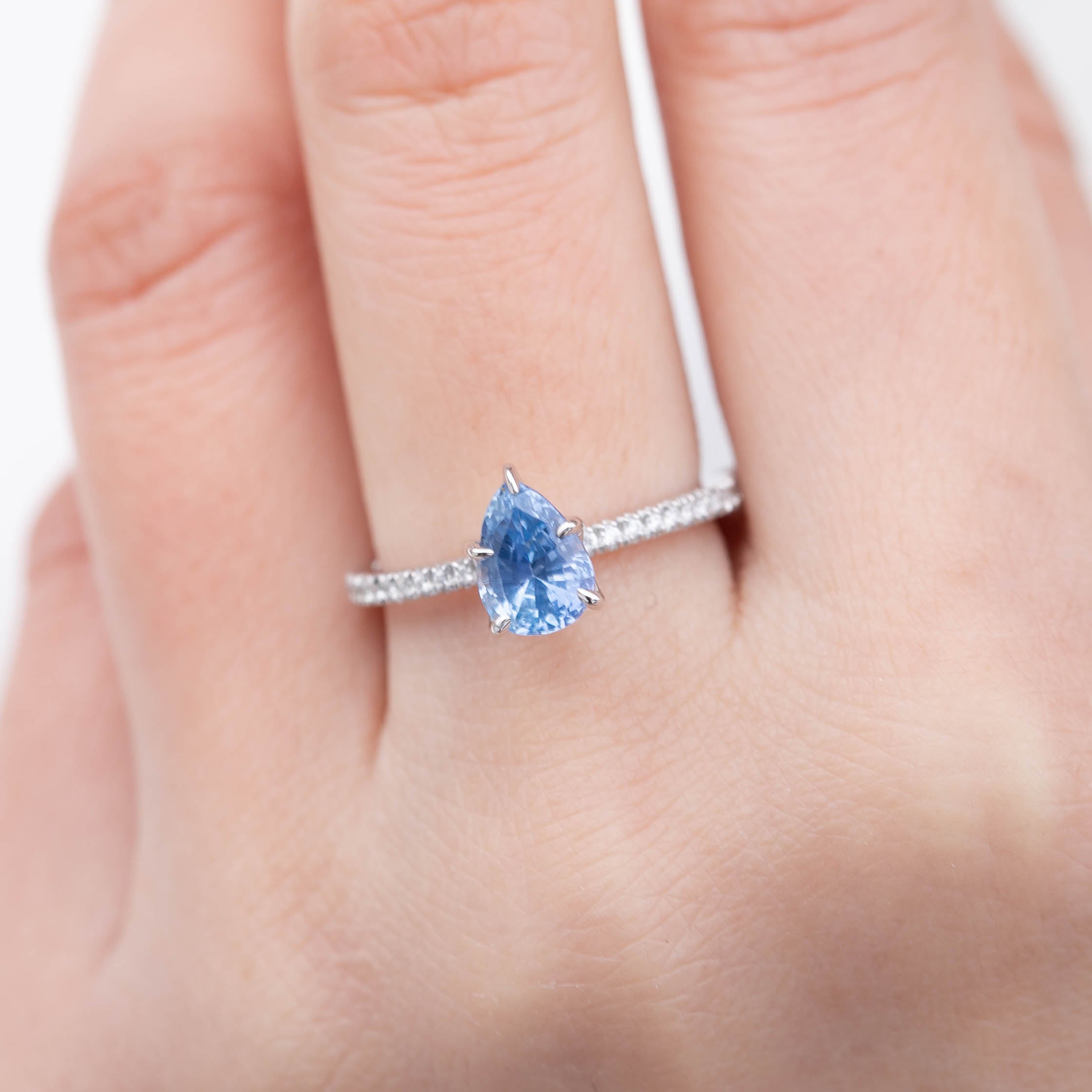 Maria Ring with 1.73ct pear cut Ceylon blue sapphire and diamonds in 14K white gold, handmade and one of a kind.