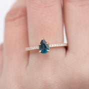 Maria Ring, 0.8ct Montana Sapphire with recycled 14k gold band and natural diamond accents, handmade and ethically sourced.