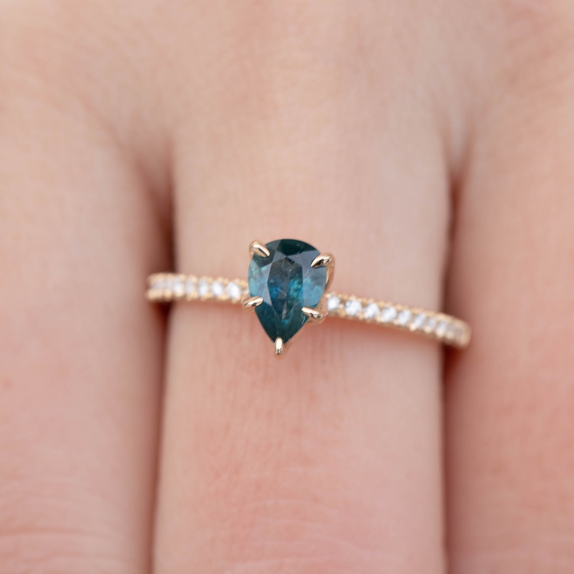 Maria Ring 0.8ct Montana Sapphire with natural diamond accents set in recycled 14k yellow gold, one of a kind handmade ring.