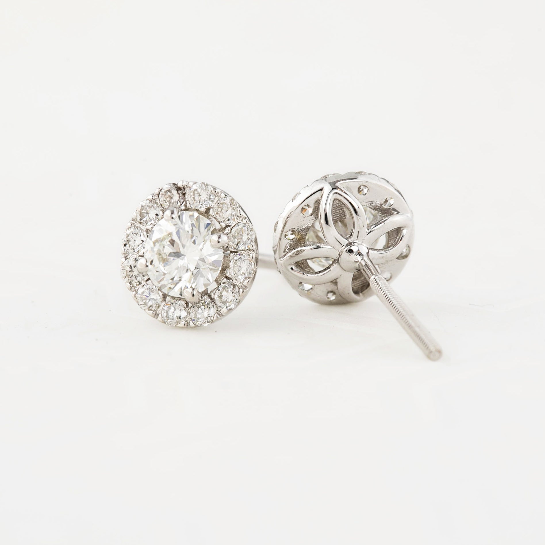 Halo Diamond Stud Earrings - GIA certified F Color VS Clarity Round Brilliant Excellent Cut Diamond, 14k white gold