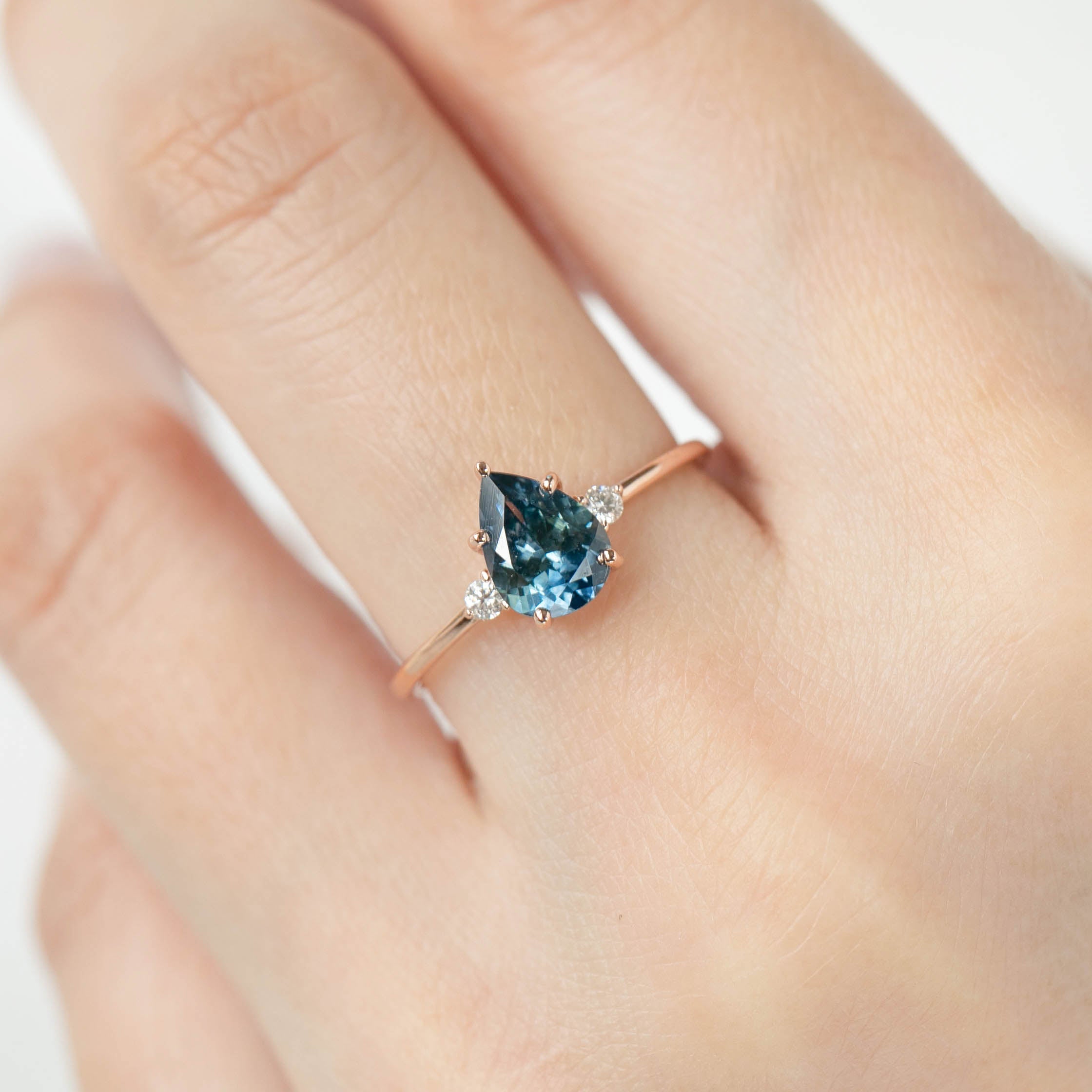 Emilie Ring - 1.40ct Pear Cut Blue Green Montana Sapphire, 14k Rose Gold (One of a kind)