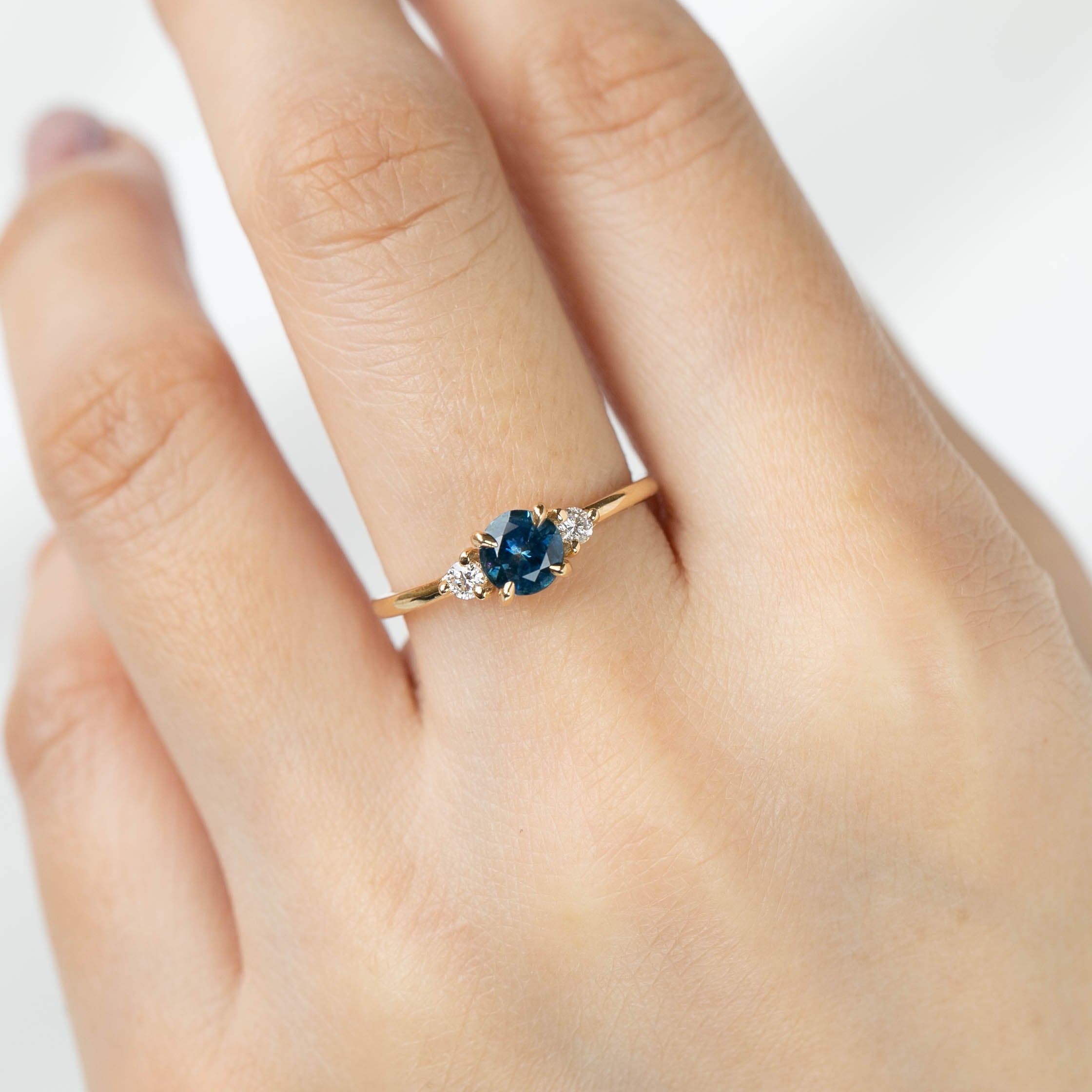 Emilie Ring with 0.71ct blue green Montana sapphire and diamonds in recycled 14k gold, one of a kind, handmade jewelry