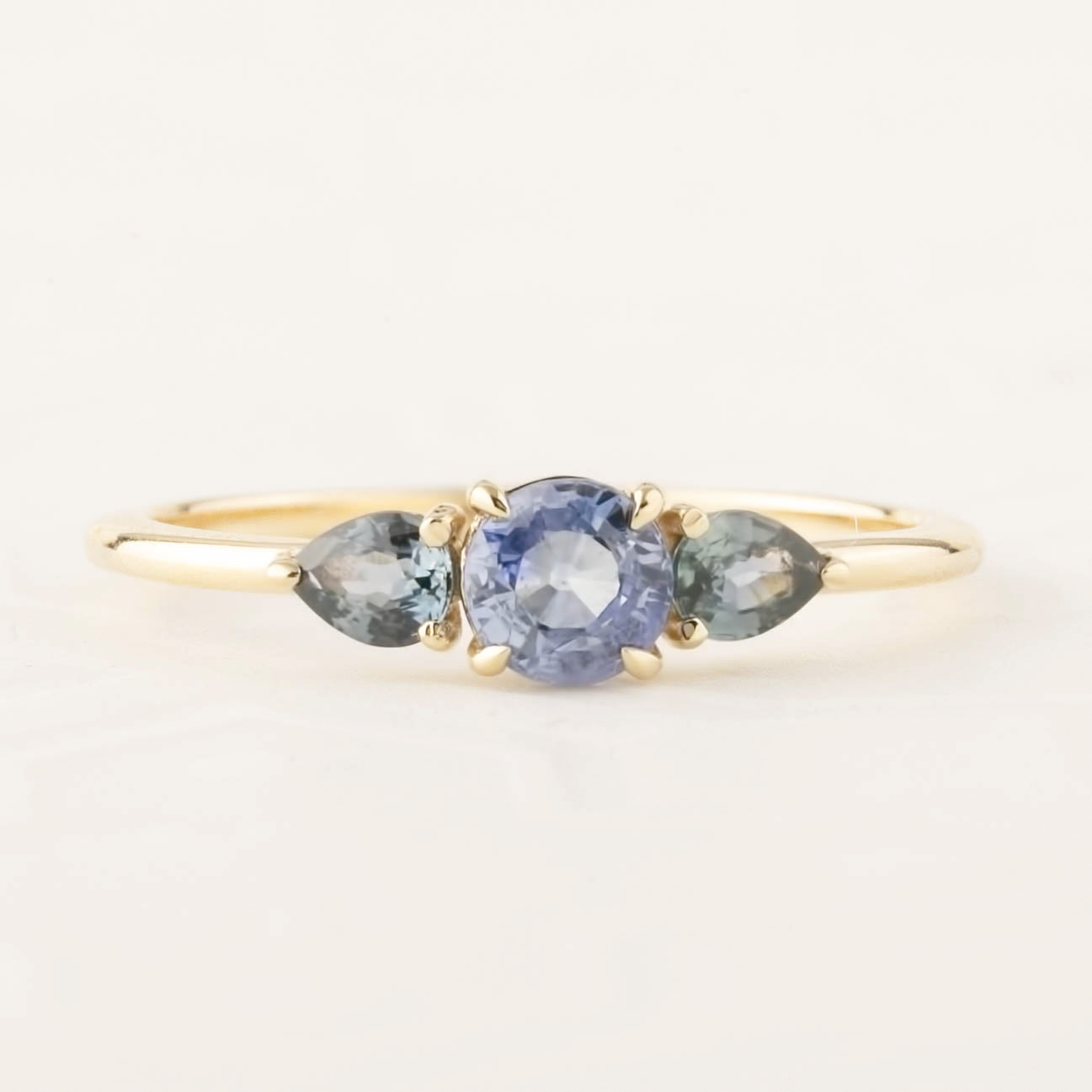 0.5ct Ceylon blue sapphire ring with 0.4ct unheated teardrop sapphires on recycled 14k gold band, size 7 adjustable.