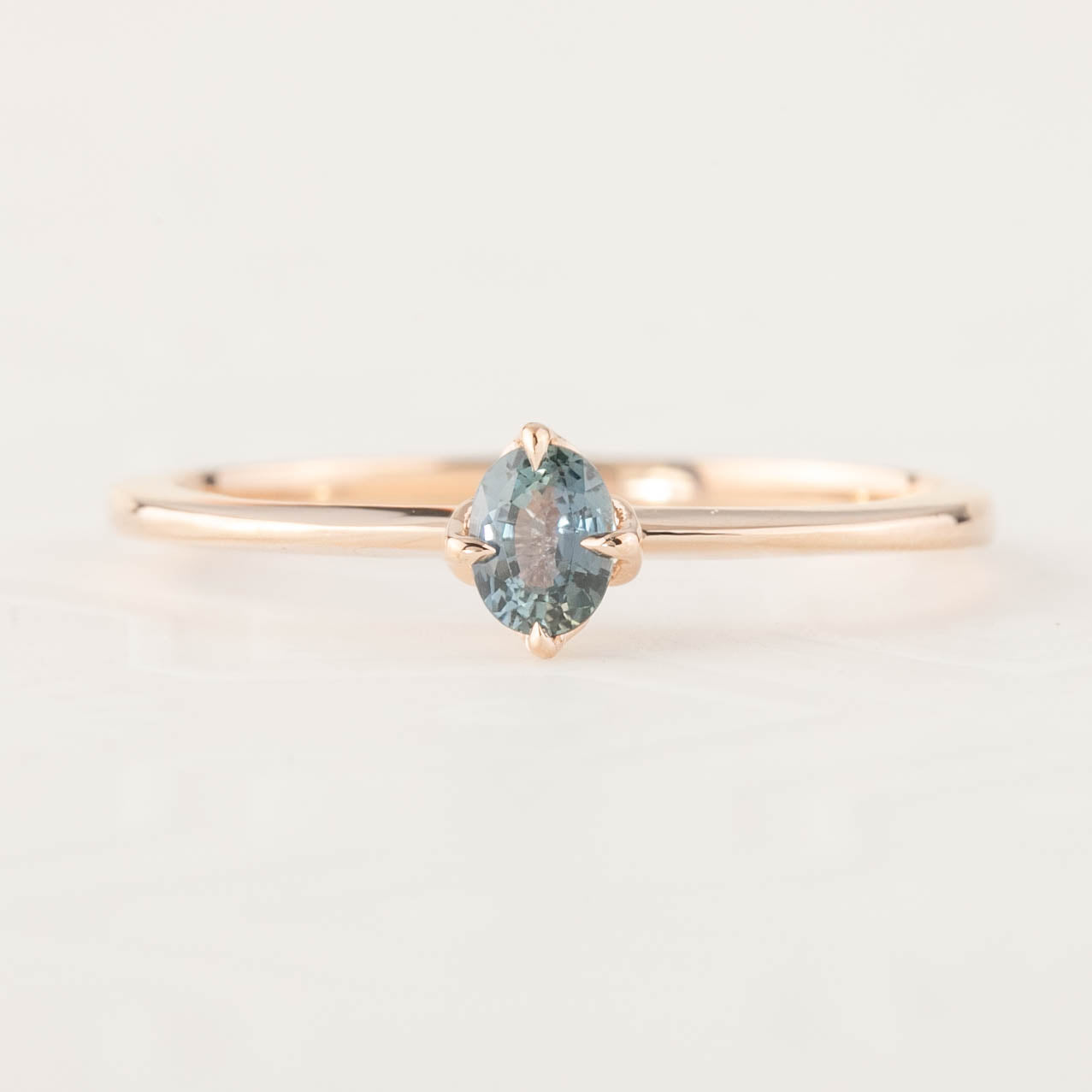 Oval unheated blue green sapphire solitaire 14k white rose ring