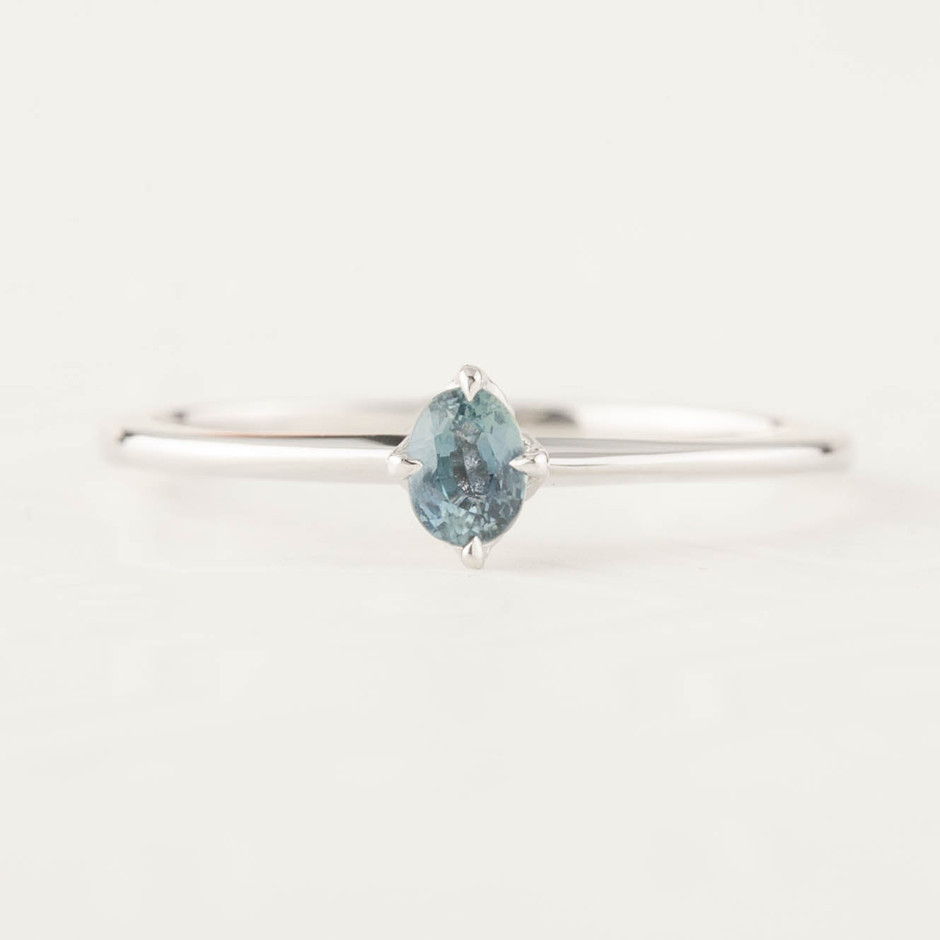 Oval unheated blue green sapphire solitaire 14k white gold ring