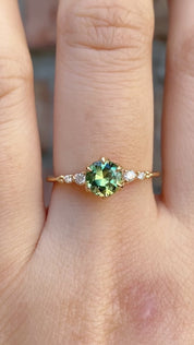 Estel Fleur Six Prongs Ring 1.04ct Green Round Queensland Sapphire, 14K Yellow Gold (One of a kind)