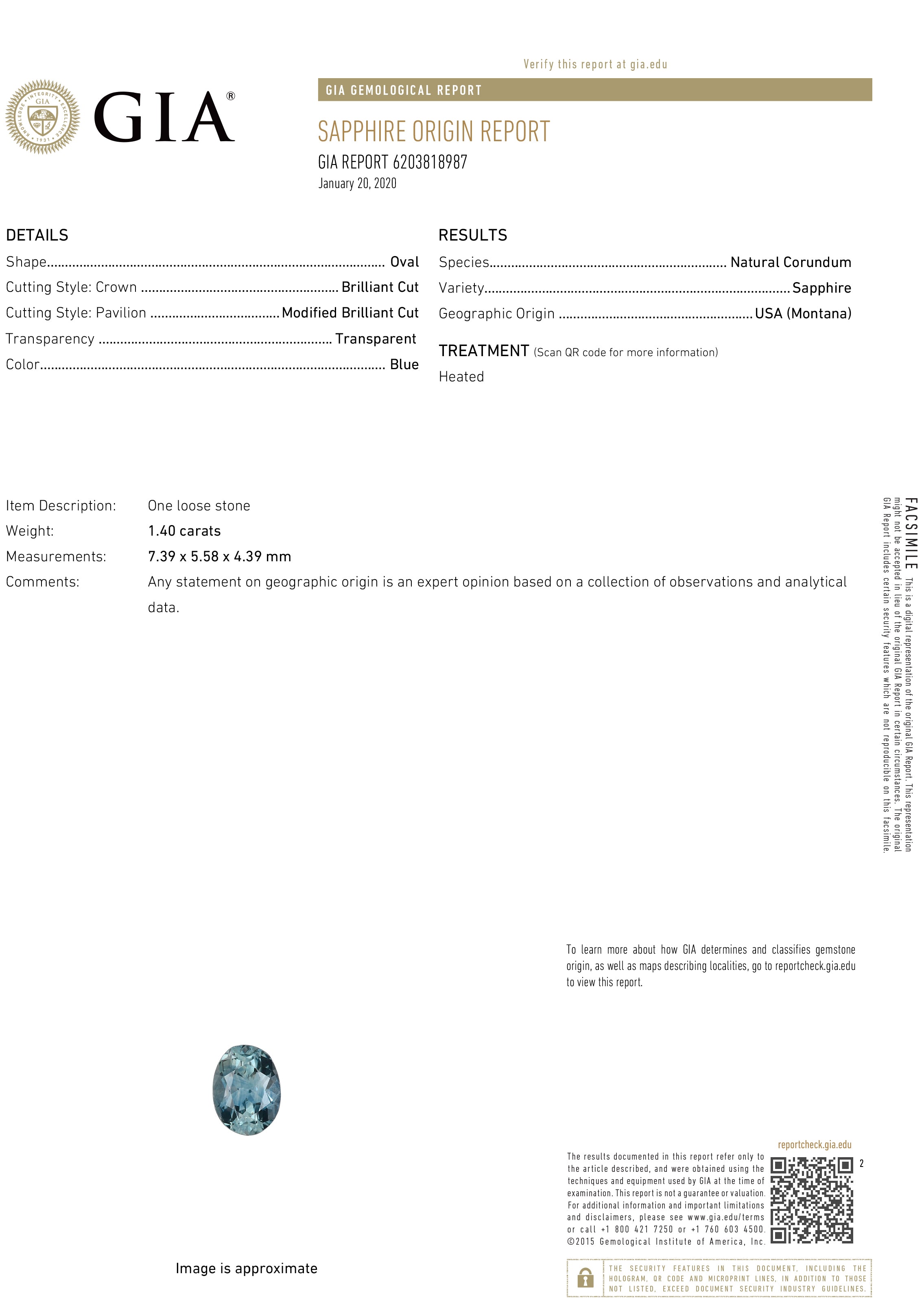 GIA certified 1.4ct oval blue Montana sapphire loose stone with brilliant and modified brilliant cuts, transparent color