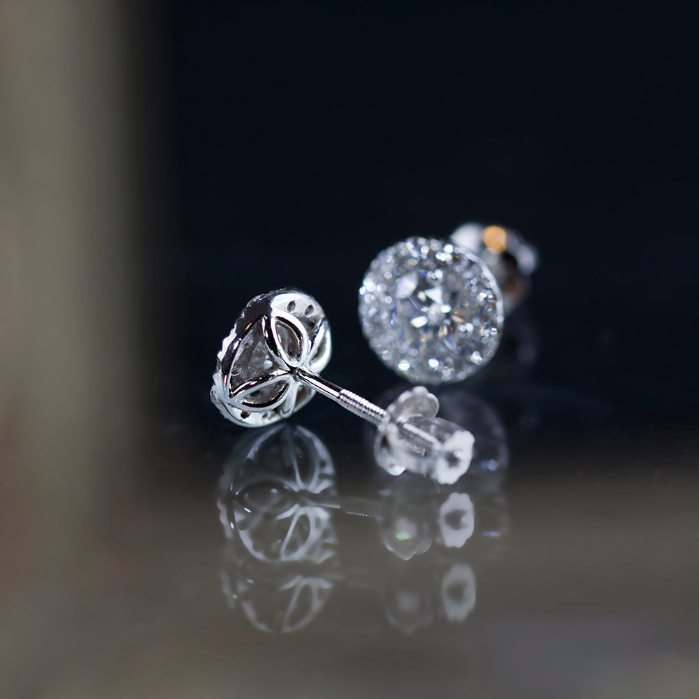 Halo Diamond Stud Earrings - GIA certified F Color VS Clarity Round Brilliant Excellent Cut Diamond, 14k white gold