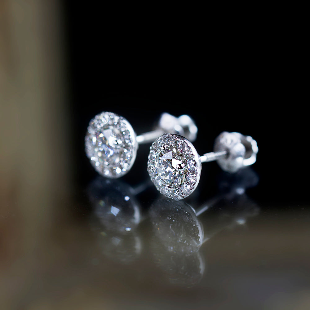 Halo Diamond Stud Earrings - GIA certified F Color VS Clarity Round Brilliant Excellent Cut Diamond, 14k white gold