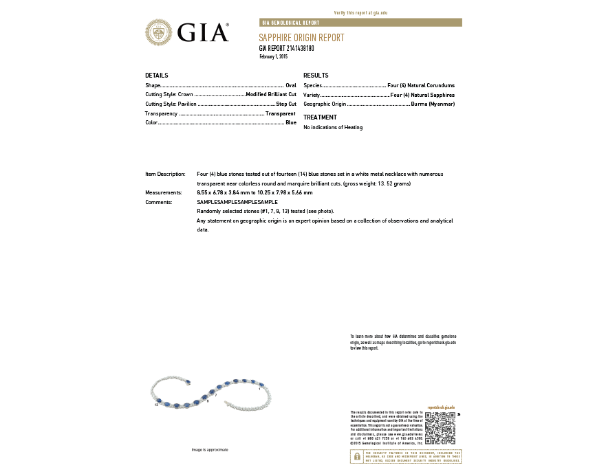 GIA Sapphire Origin Report showing detailed gemstone grading and analysis for a blue sapphire jewelry piece.