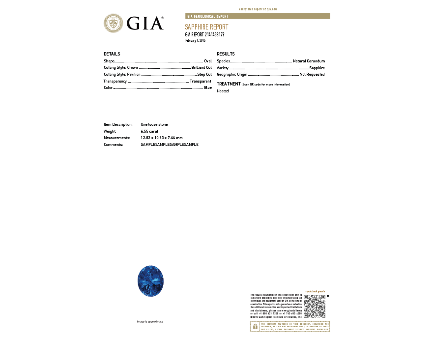 GIA Certificate showing detailed sapphire grading report with shape, carat, color, and treatment information.