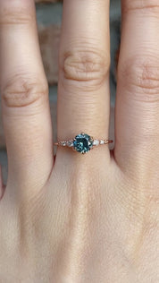 Estel Fleur Six Prongs Ring 1.02ct Blue Green Round Montana Sapphire, 14K Rose Gold (One of a kind)