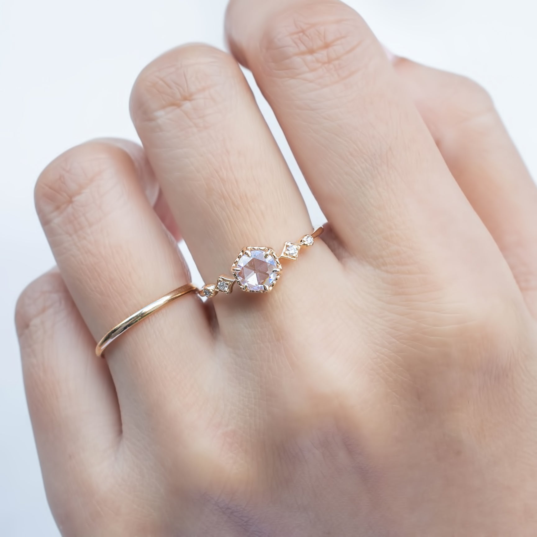 Stella Hexagon Ring, 0.50ct Round Rose Cut Diamond