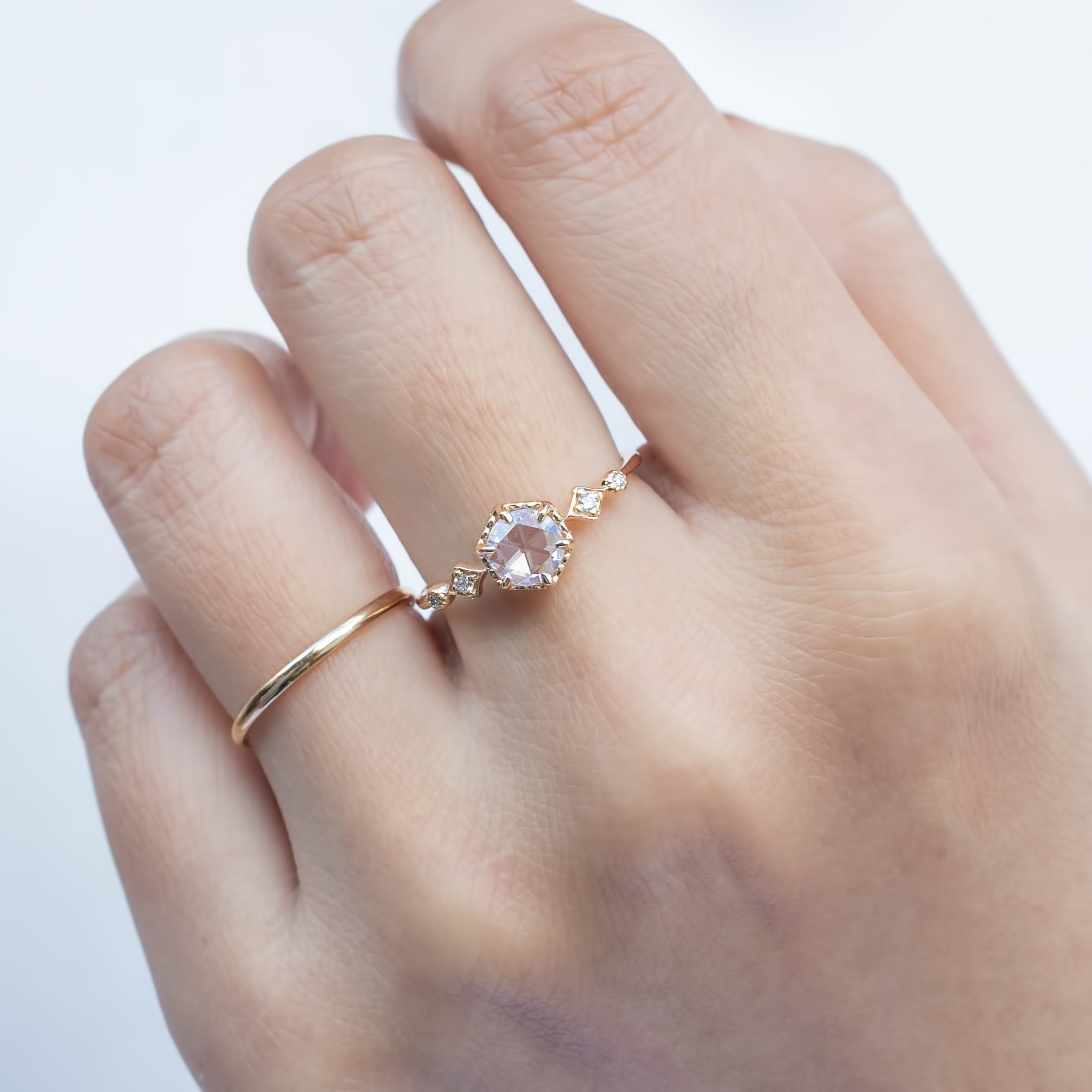 Stella Hexagon Ring, 0.50ct Round Rose Cut Diamond