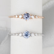 Estel Fleur Ring with a 0.30ct round blue Ceylon sapphire and natural diamond accents in 14k rose gold and 14k white gold