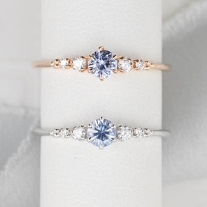 Estel Fleur Ring with a 0.30ct round blue Ceylon sapphire and natural diamond accents in 14k rose gold and 14k white gold