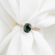 Maria Ring 1.65ct Peacock Green Sri Lankan Oval Sapphire in 14k yellow gold with natural diamond accents, handmade and one of a kind