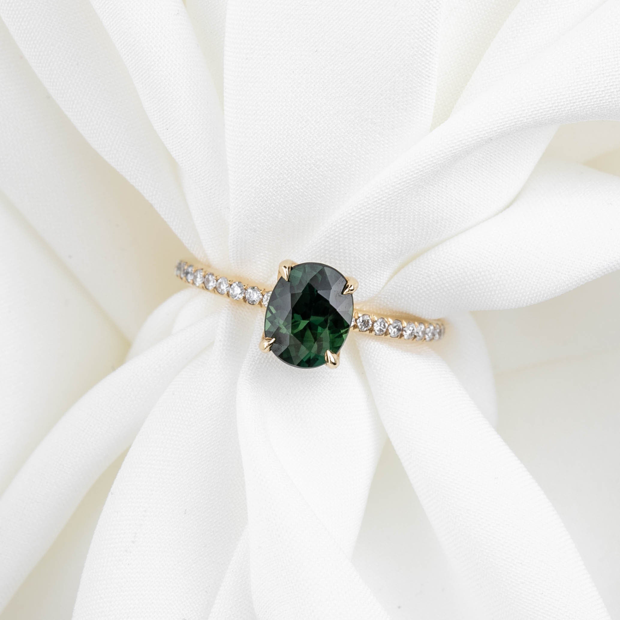 Maria Ring 1.65ct Peacock Green Sri Lankan Oval Sapphire in 14k yellow gold with natural diamond accents, handmade and one of a kind