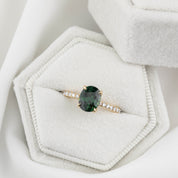 Maria Ring 1.65ct Peacock Green Sri Lankan sapphire set in 14k yellow gold with accent diamonds, handmade and one of a kind.