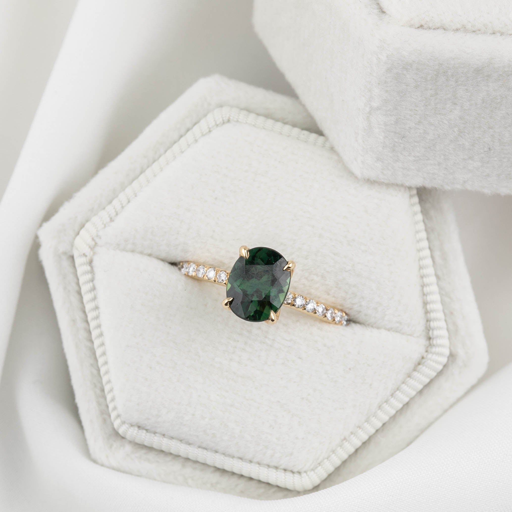 Maria Ring 1.65ct Peacock Green Sri Lankan sapphire set in 14k yellow gold with accent diamonds, handmade and one of a kind.