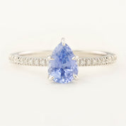 Maria Ring 1.73ct pear cut Ceylon blue sapphire in 14K white gold with natural diamond accents, handmade and one of a kind