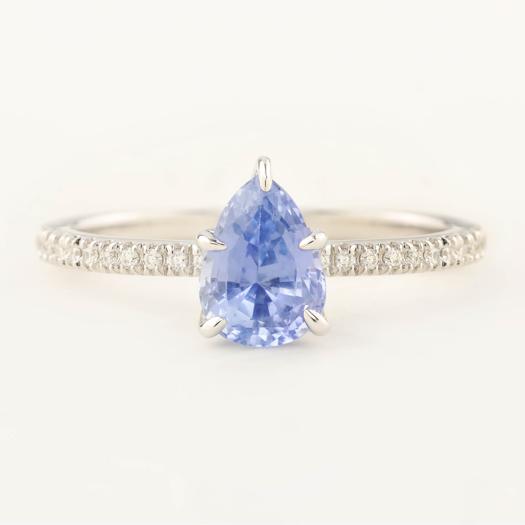 Maria Ring 1.73ct pear cut Ceylon blue sapphire in 14K white gold with natural diamond accents, handmade and one of a kind