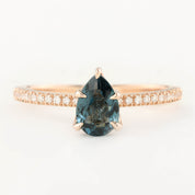 Maria Ring 0.94ct pear cut teal tourmaline sapphire in 14K rose gold with diamonds, handmade and ethically sourced.